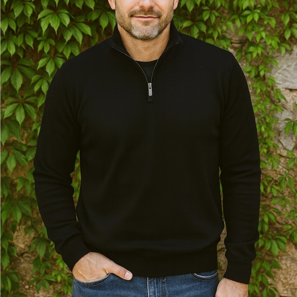 BOSS HUGO BOSS Men's Luxury Black Quarter Zip Merino Wool Sweater, XL